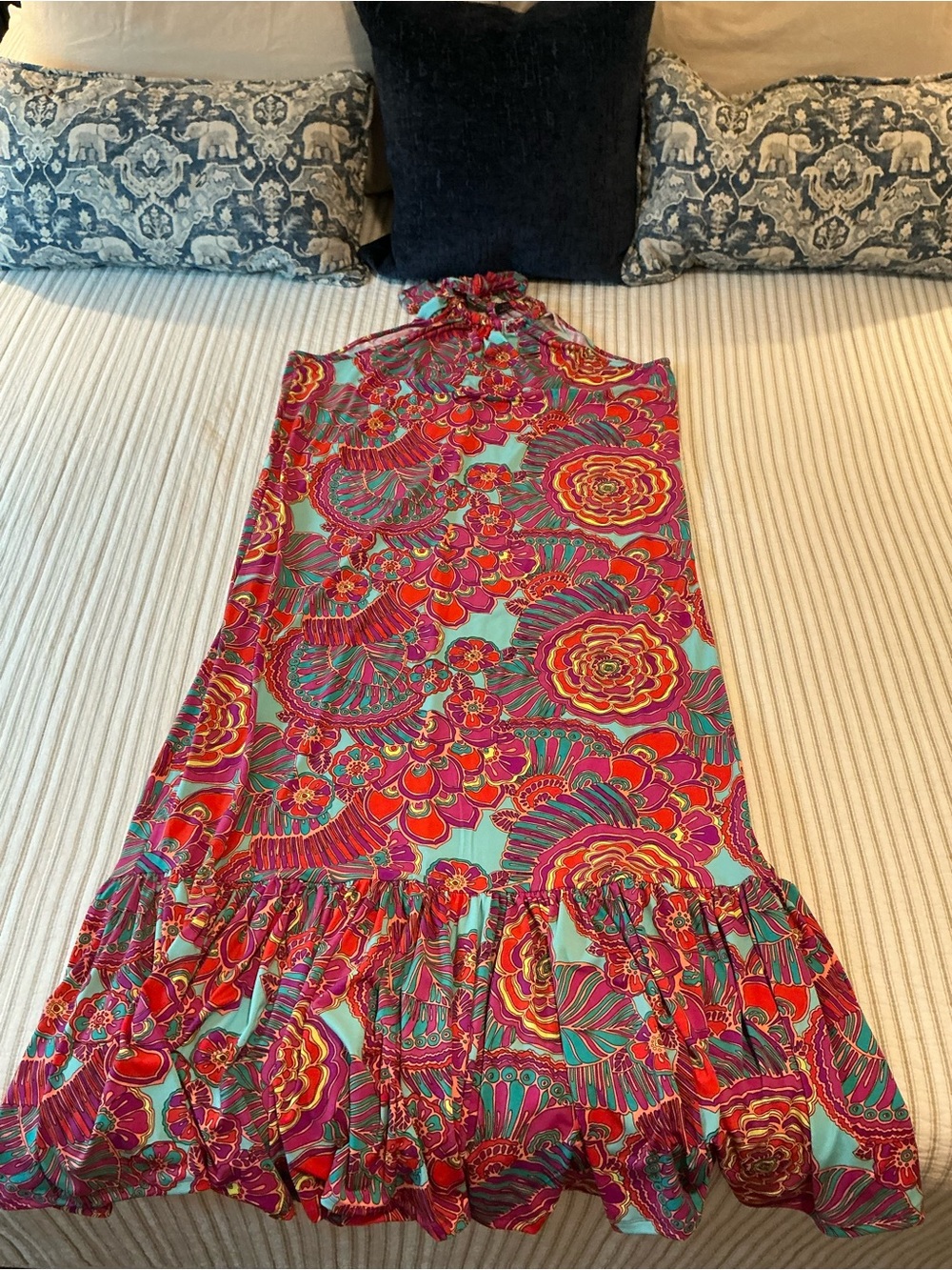 Trina Turk Multicolor Floral Halter Maxi Dress in Aqua, Fuchsia and Orange Sz XL